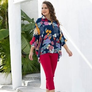 [ORANGE] Naval Floral 100% Viscose Button Down 3/4 Sleeve Collar Women S/M